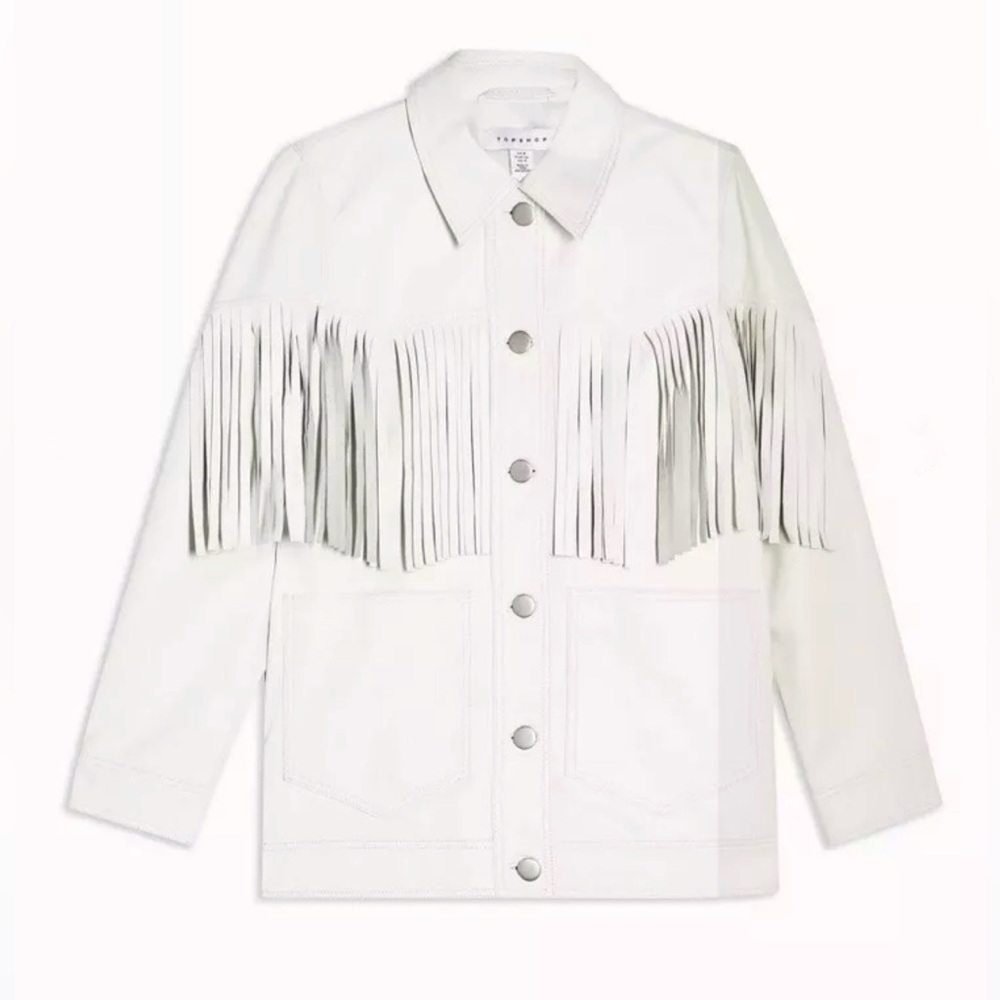 Topshop Roy fringed white leather jacket US size 12 - Picture 2 of 16